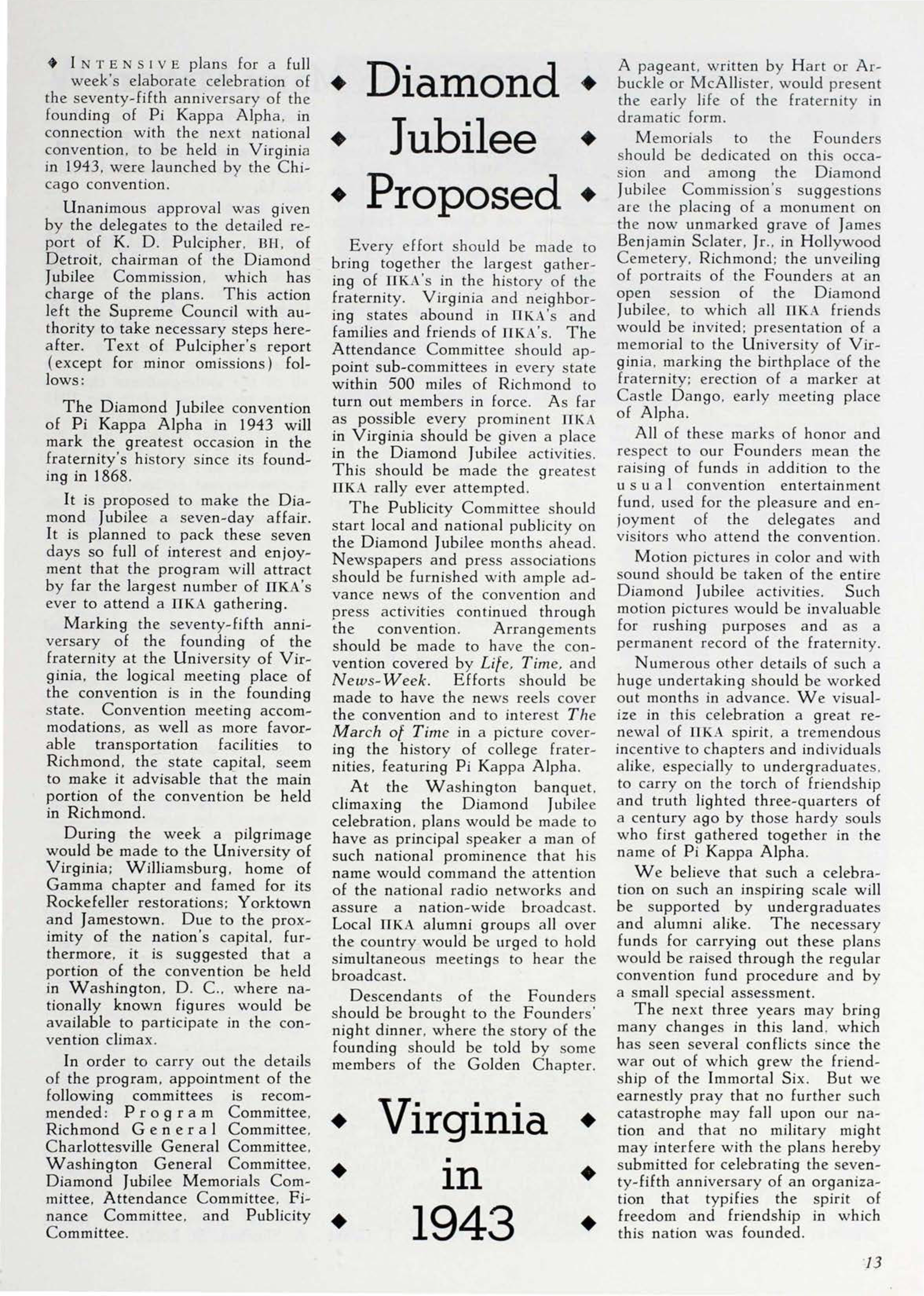 Diamond Jubilee Proposed Virginia In 1943